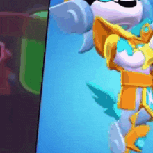 a cartoon character is standing in front of a blue background