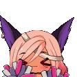 a cartoon girl with pink hair and purple ears is holding a bunch of pink and purple pom poms .