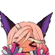 a cartoon girl with pink hair and purple ears is holding a bunch of pink and purple pom poms .