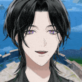 a close up of a person 's face with purple eyes and black hair