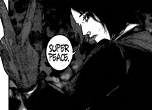 a black and white image of a person with a speech bubble that says `` super peace '' .