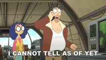 a cartoon of a man talking on a cell phone next to a woman who says i cannot tell as of yet