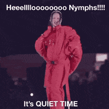 a picture of a woman in a red outfit with the words " it 's quiet time " on the bottom