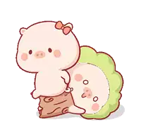 a couple of pigs sitting on a tree stump .