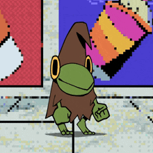 a pixel art frog with a hat on stands in front of a colorful painting
