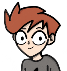 a cartoon drawing of a boy with red hair and a gray shirt