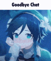 a picture of a girl with blue hair and the words goodbye chat below her