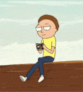 a cartoon of a man sitting on a roof holding a puzzle