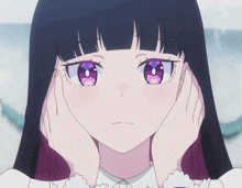 a girl with long black hair and purple eyes looks surprised