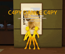 two yellow figures are dancing in front of a picture that says c4py dance c4py vip premium