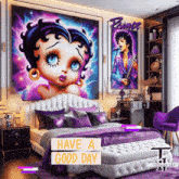 a bedroom with a picture of prince and betty boop