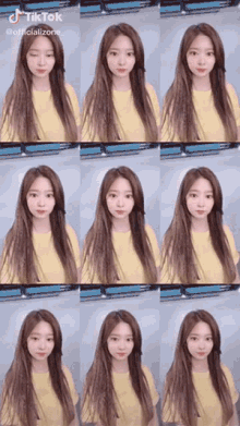 a girl with long brown hair is wearing a yellow shirt and has many different faces