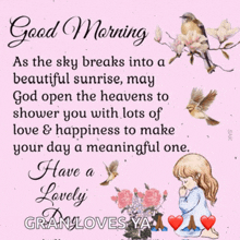 a good morning message with a girl and birds