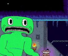 a pixel art drawing of a green monster with a torch in front of him
