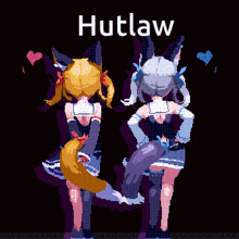 a pixel art of two foxes with the word hutlaw on the bottom