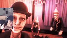 a woman wearing a bowler hat is standing in front of a birthday banner