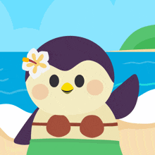 an illustration of a penguin with a flower on its head and the word finch on the bottom right