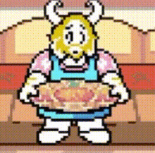 a pixel art cartoon character is holding a pie in his hand .