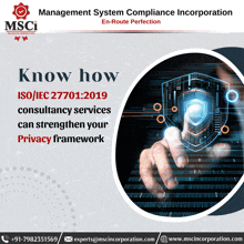 an advertisement for management system compliance incorporation shows a person touching a shield