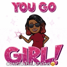 a cartoon girl giving a thumbs up with the words you go girl congratulations behind her