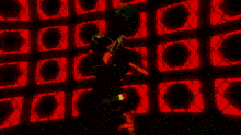 a computer generated image of a person in a dark room with red squares