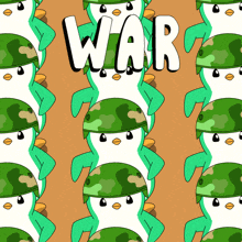 a seamless pattern of penguins wearing military helmets with the word war written in white