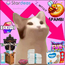 a cat is surrounded by diapers and a box that says empire oncha