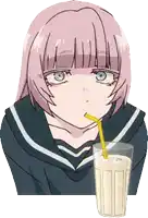 a girl with pink hair is drinking a milkshake through a yellow straw