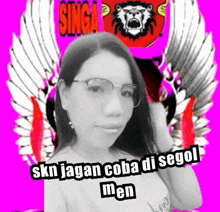 a woman wearing glasses and a shirt that says singap