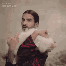 a man in a red and black shirt is holding a white cat and the words made with reface app are on the bottom