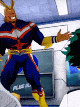 a man in a superhero costume stands in front of a chalkboard that says plus ultra