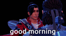 a video game character says " good morning " while hugging another character