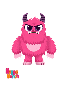 a pink monster with horns and a huge bunch logo
