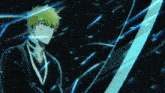 a man with yellow hair is holding a blue sword in his hand in a dark room .