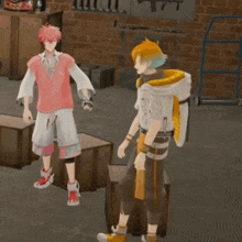 two anime characters are standing next to each other in a room with boxes and a sign that says ' a ' on it