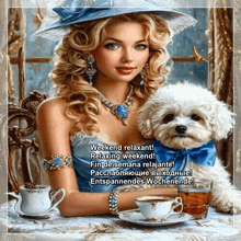 a painting of a woman sitting at a table with a cup of coffee and a white dog
