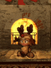 a stuffed reindeer with a red nose is standing in front of a fireplace
