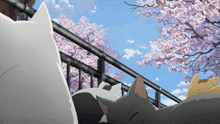 a couple of cats laying on a railing with cherry blossoms in the background