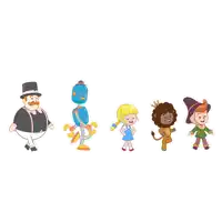 a group of cartoon characters including a robot and a girl