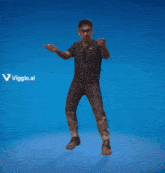a man is dancing in front of a blue background with the words viggle.ai on it