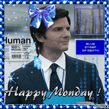 a picture of a man with a blue bow on his head and the words happy monday on the bottom