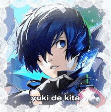 a blue haired anime character with the name yuki de kita on the bottom