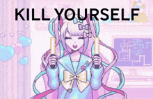 a pixel art of a girl with the words kill yourself written above her