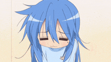 a girl with long blue hair is looking down