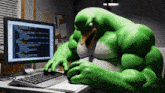 a green duck is typing on a computer