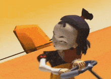 a cartoon girl is holding a steering wheel and a book on her head .