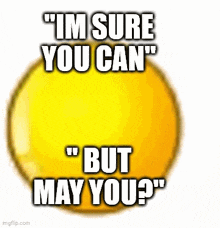 a yellow circle with the words `` im sure you can '' but may you '' on it .