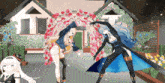 two anime girls are dancing in front of a house with flowers on it