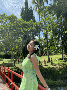 a woman in a green dress with a white flower in her hair stands on a bridge