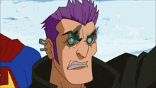 a cartoon character with purple hair and blue eyes is standing next to superman